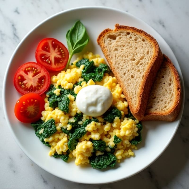 Egg White Spinach Scramble with Cottage Cheese and Sliced Tomatoes