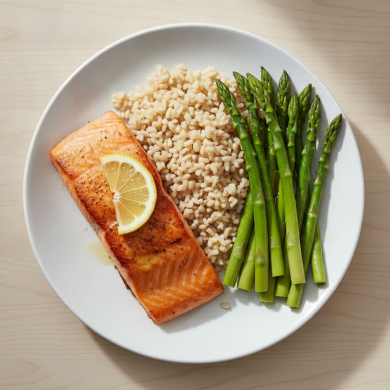 Seared Salmon with Steamed Asparagus and Brown Rice