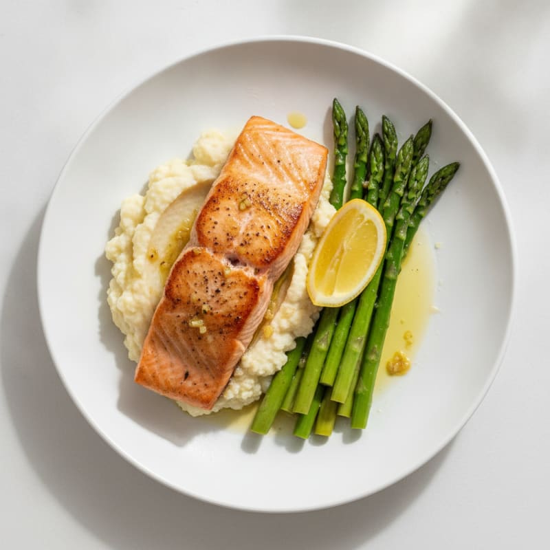 Seared Salmon with Steamed Asparagus and Cauliflower Mash