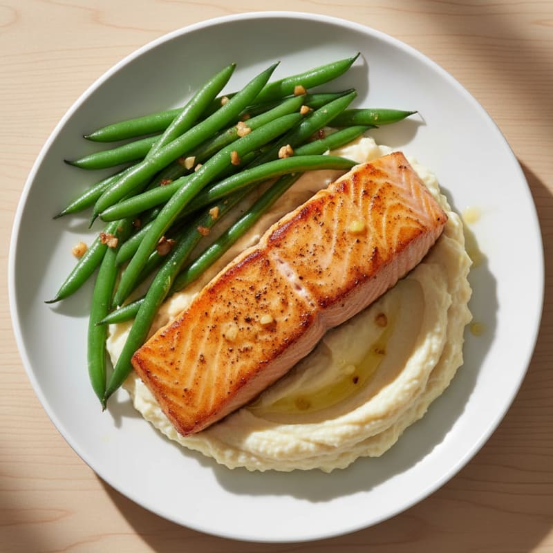 Seared Salmon Fillet with Garlic Green Beans and Cauliflower Mash