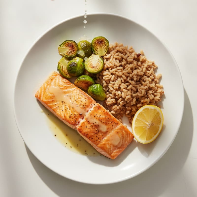 Seared Salmon Fillet with Roasted Brussels Sprouts and Brown Rice