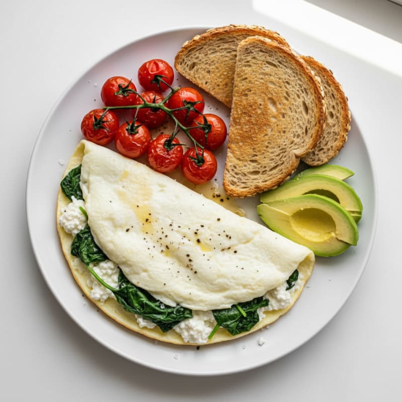 Egg White Spinach Omelette with Cottage Cheese and Cherry Tomatoes