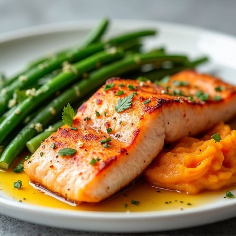 Seared Salmon with Steamed Green Beans and Sweet Potato Mash