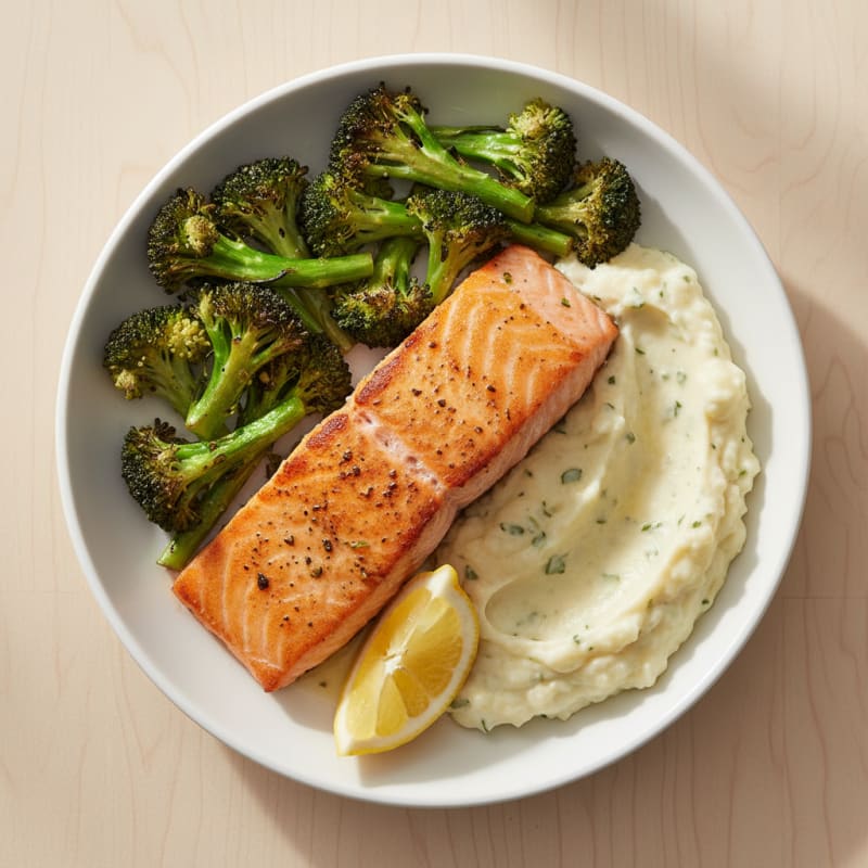 Seared Salmon Fillet with Roasted Broccoli and Garlic Mashed Cauliflower
