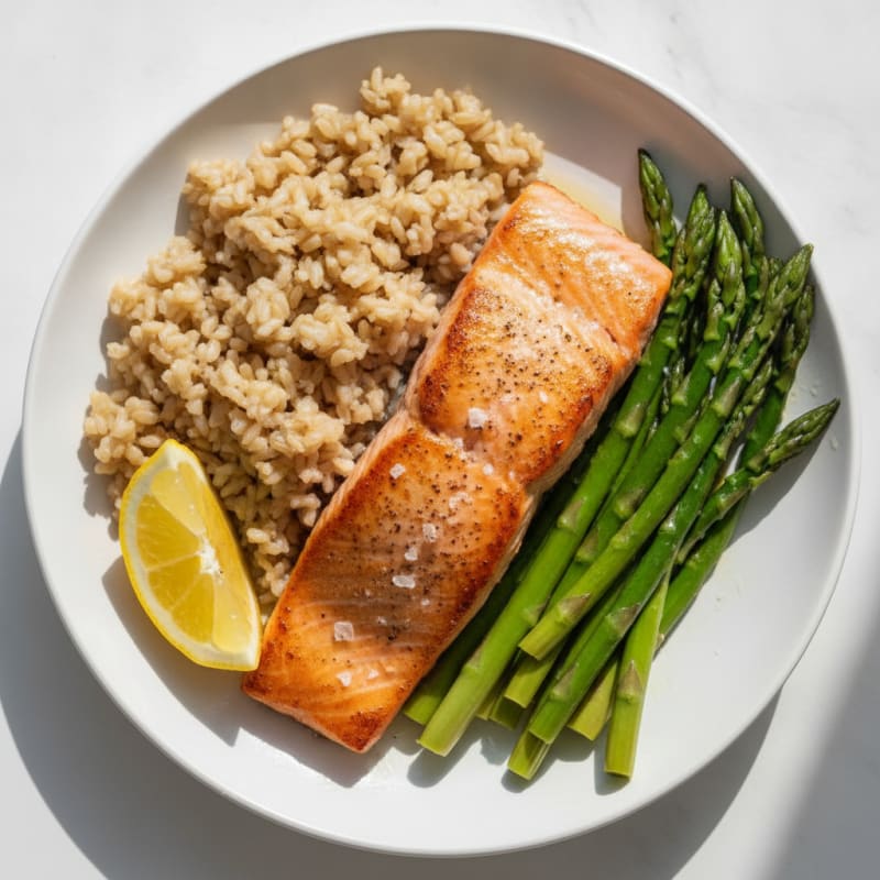 Seared Salmon with Steamed Asparagus and Brown Rice