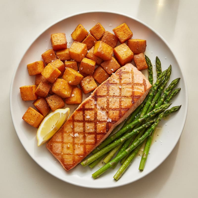 Seared Salmon with Roasted Sweet Potato and Asparagus