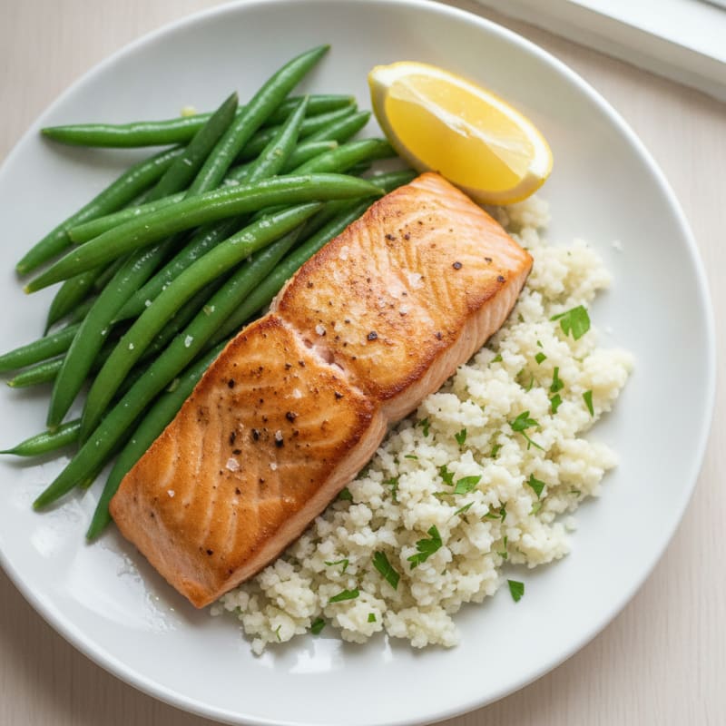 Seared Salmon Fillet with Steamed Green Beans and Cauliflower Rice