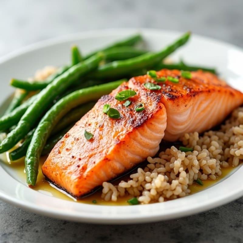 Seared Salmon with Garlic Green Beans and Brown Rice
