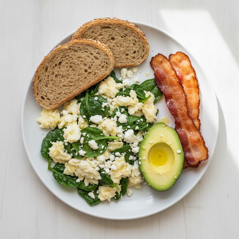 Crispy Turkey Bacon Egg White Scramble with Spinach and Feta