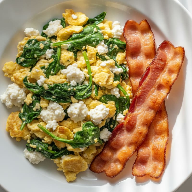 Cottage Cheese Egg Scramble with Spinach and Turkey Bacon