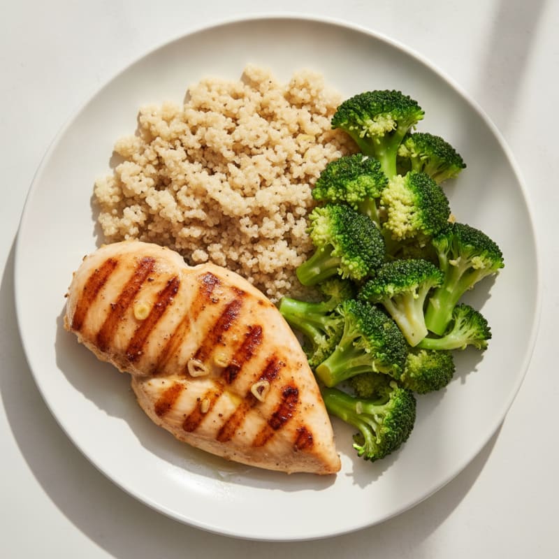 Grilled Chicken Breast with Steamed Broccoli and Quinoa