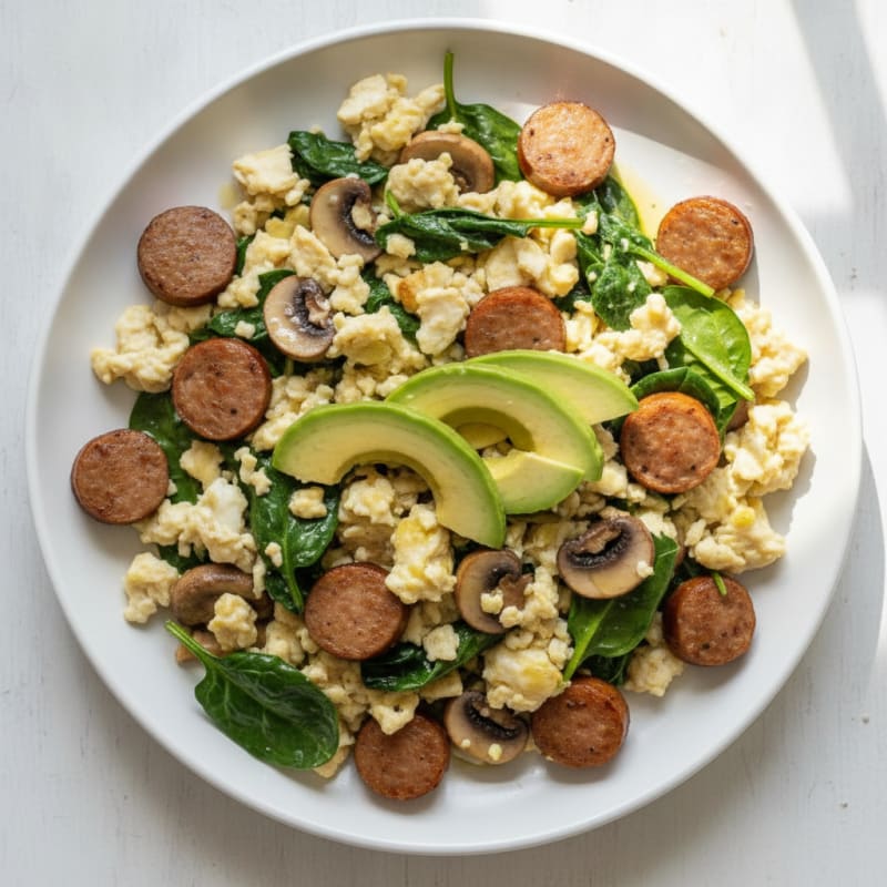 Egg White and Turkey Sausage Scramble with Spinach and Mushrooms
