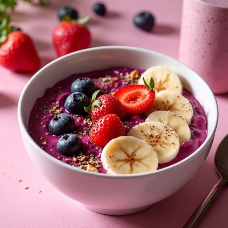 Acai Berry Smoothie Bowl with Fresh Fruit and Crunchy Granola