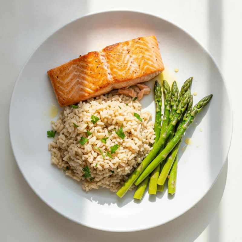 Seared Salmon Fillet with Steamed Asparagus and Herbed Brown Rice