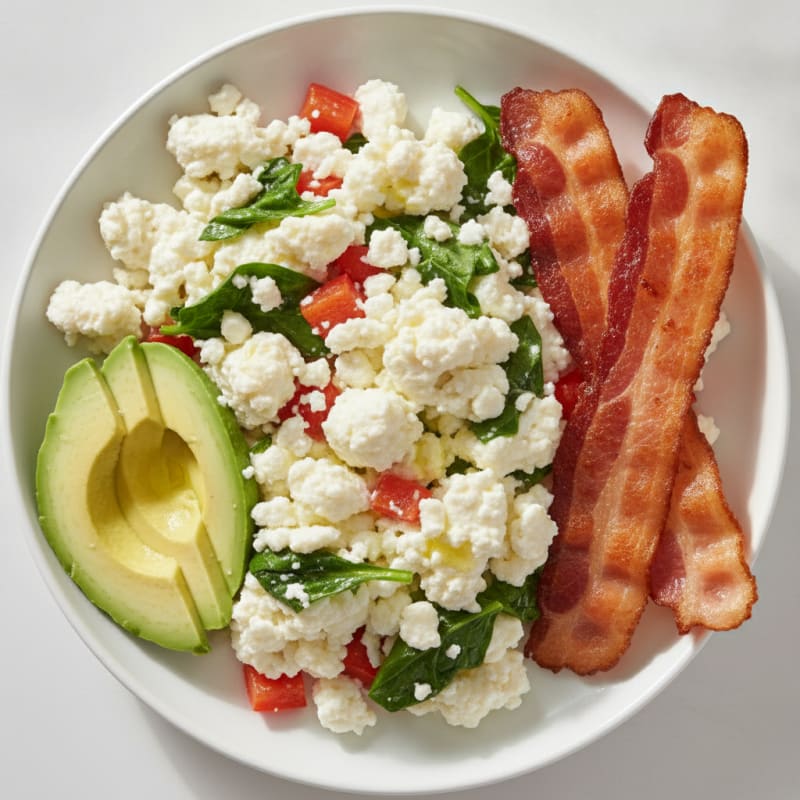 Egg White Veggie Scramble with Cottage Cheese and Turkey Bacon