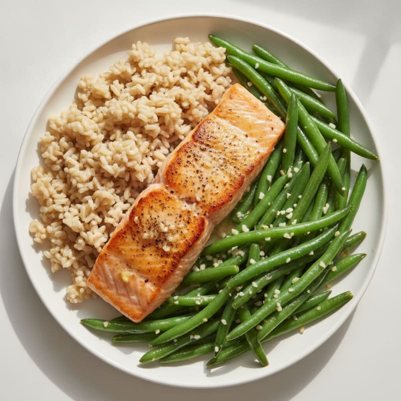 Seared Salmon with Garlic Green Beans and Brown Rice