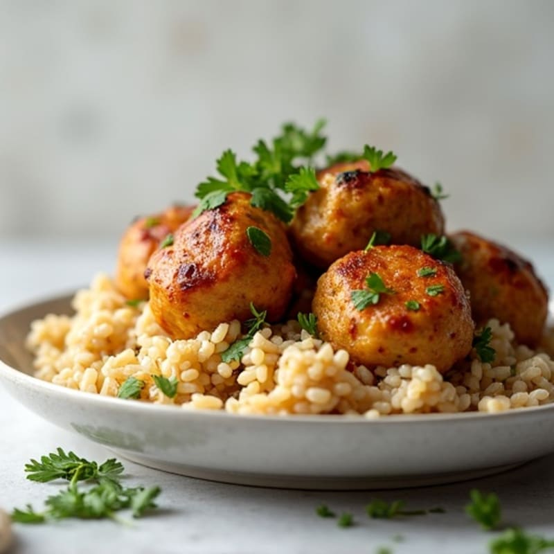 Tender Garlic-Herb Chicken Meatballs with Fluffy Brown Rice