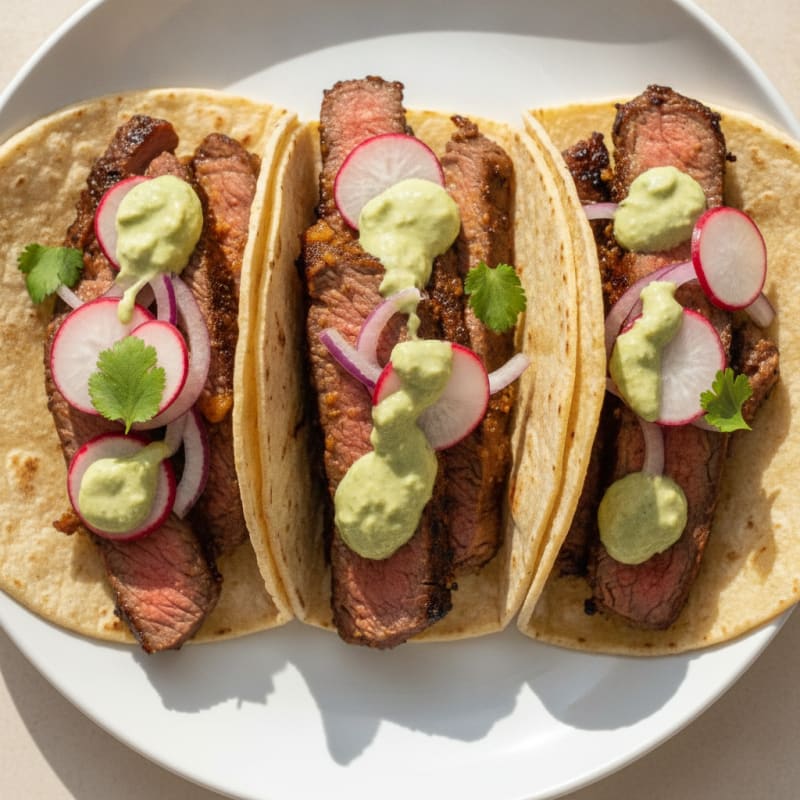 Carne Asada Tacos with Avocado Crema