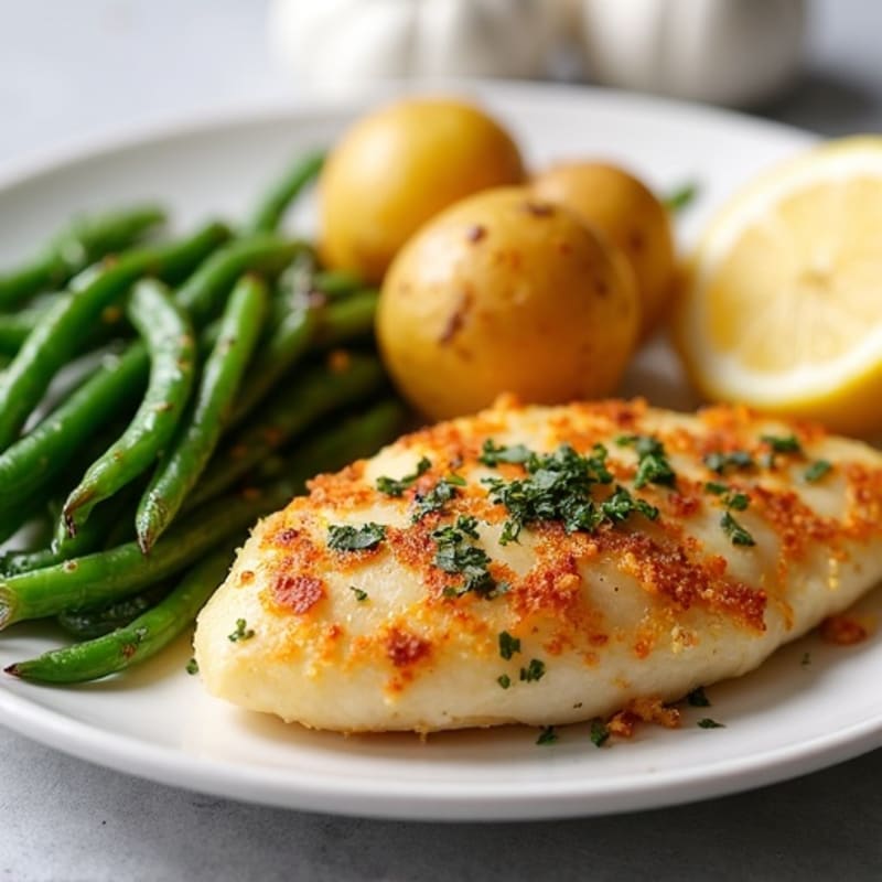 Crispy Smashed Baby Potatoes with Lemon Herb Chicken and Roasted Green Beans