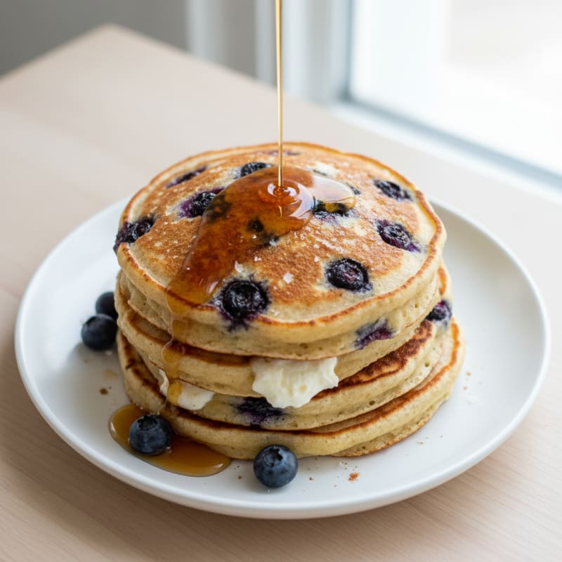 Blueberry Ricotta Pancakes with Maple Syrup