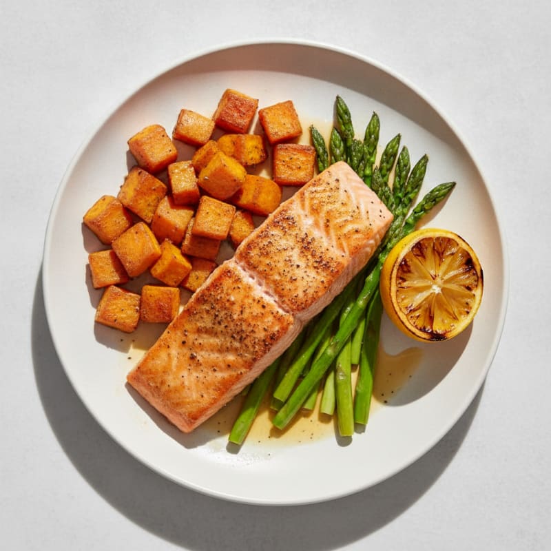Seared Salmon with Roasted Sweet Potato and Asparagus