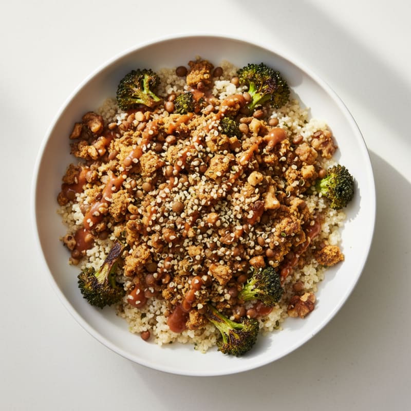 Lentil Walnut Crumble Bowl with Quinoa and Roasted Broccoli