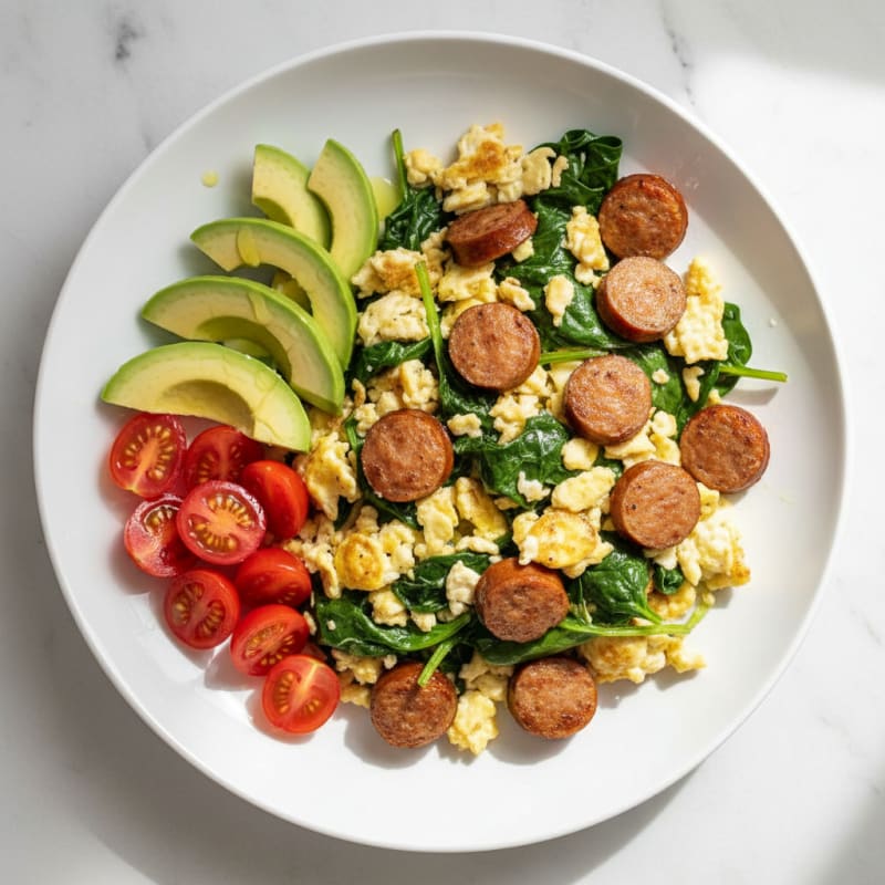 Egg White Spinach Scramble with Turkey Sausage