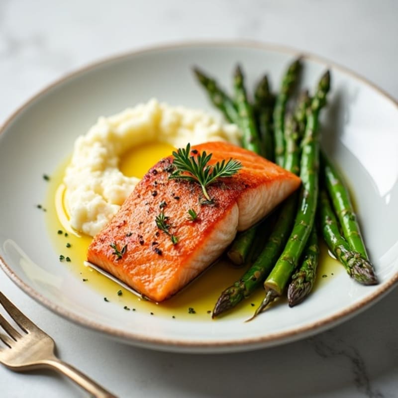 Seared Salmon Fillet with Steamed Asparagus and Cauliflower Mash
