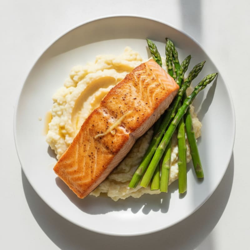 Seared Salmon with Steamed Asparagus and Cauliflower Mash