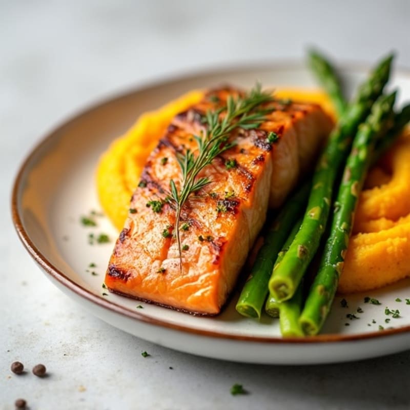 Seared Salmon with Steamed Asparagus and Mashed Sweet Potato