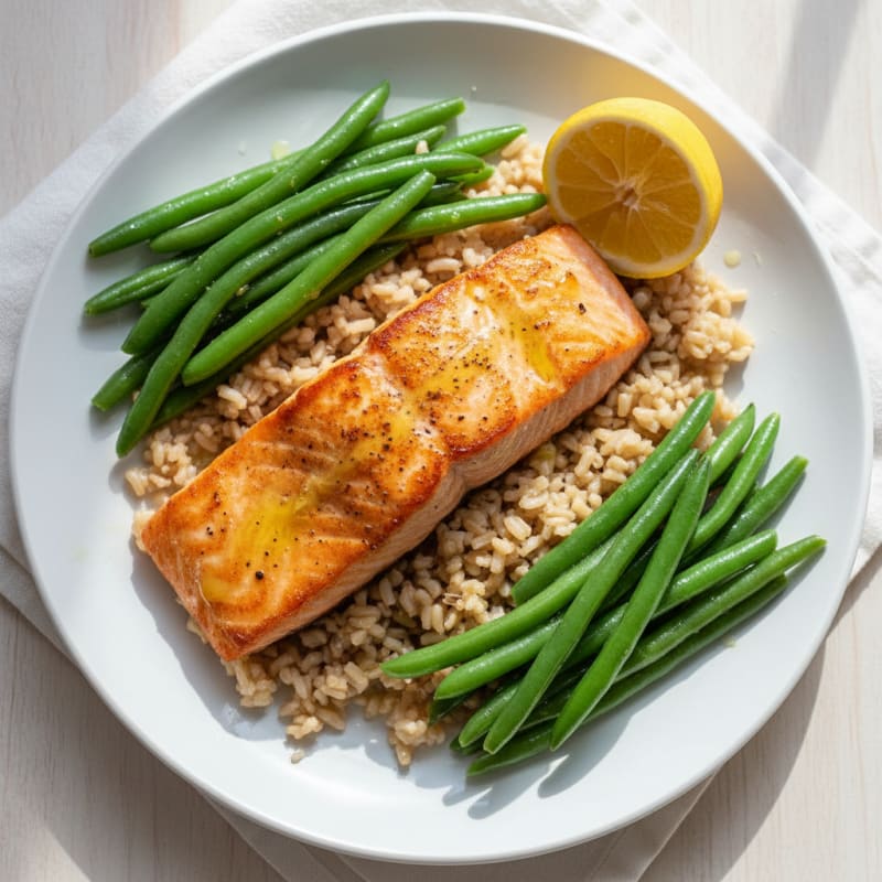 Seared Salmon with Steamed Green Beans and Brown Rice