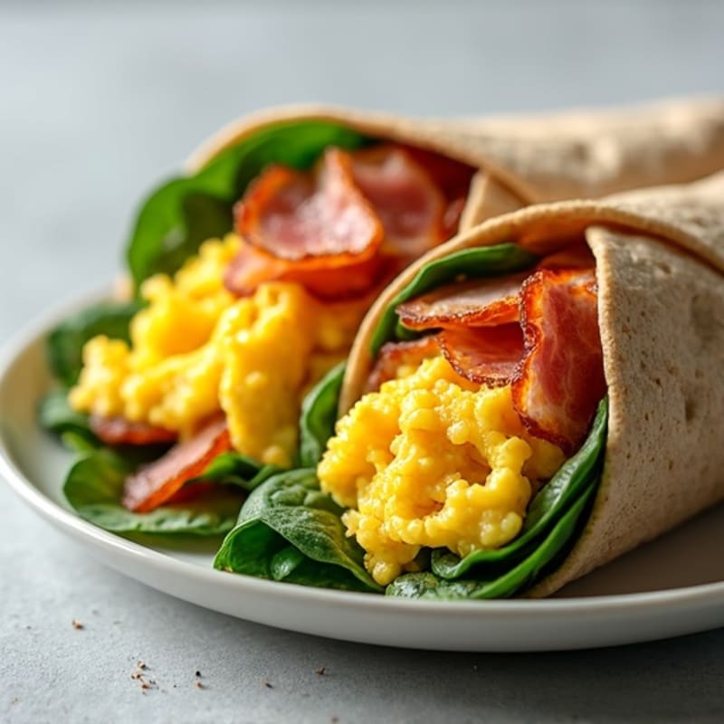 Crispy Turkey Bacon and Fluffy Scrambled Egg Wrap with Fresh Spinach