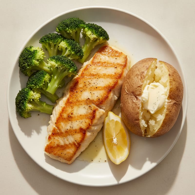 Seared Grouper with Baked Potato and Steamed Broccoli