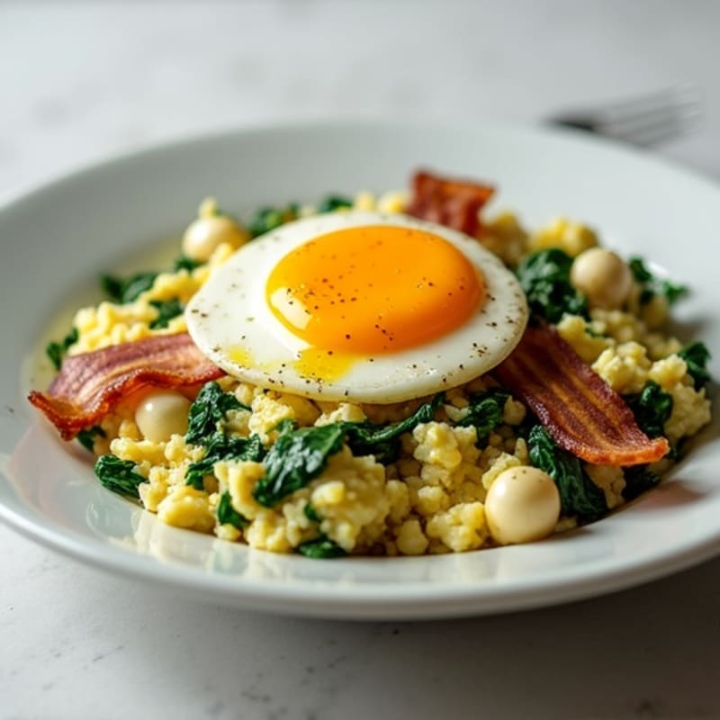 Egg White and Cottage Cheese Scramble with Spinach and Turkey Bacon