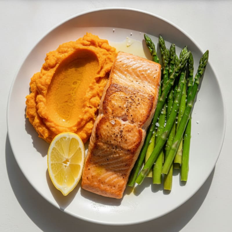 Seared Salmon with Steamed Asparagus and Sweet Potato Mash