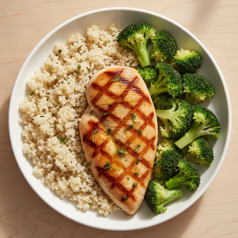 Grilled Chicken Breast with Steamed Broccoli and Quinoa