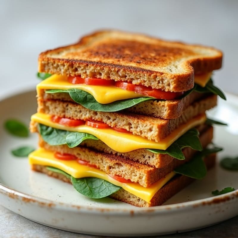 Stacked Whole Wheat Crispy Grilled Cheese with Fresh Spinach and Tomato