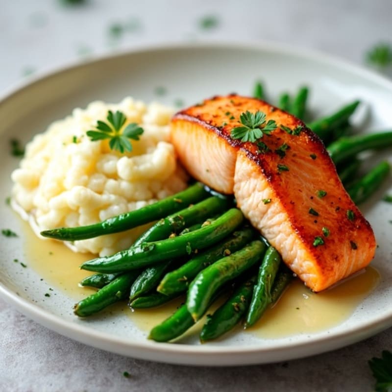 Seared Salmon with Garlic Green Beans and Cauliflower Mash