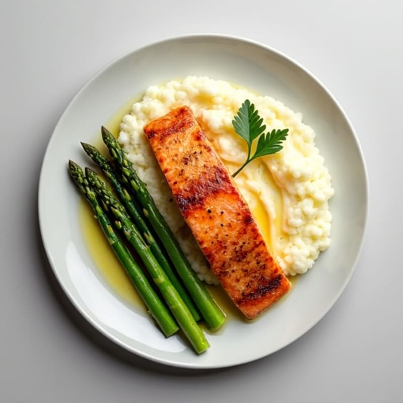 Seared Salmon with Steamed Asparagus and Cauliflower Mash