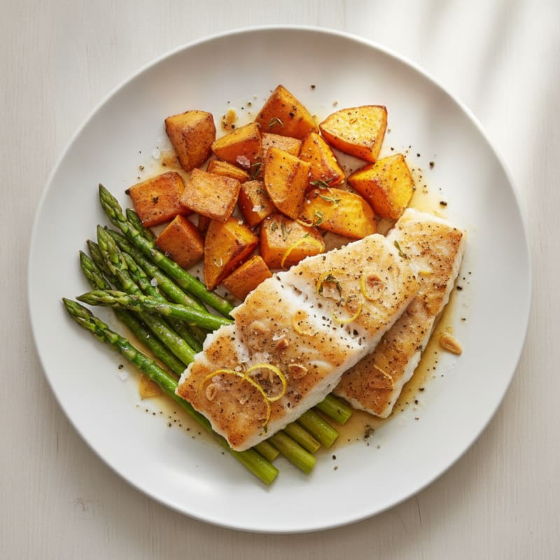 Baked Cod with Roasted Sweet Potatoes and Asparagus