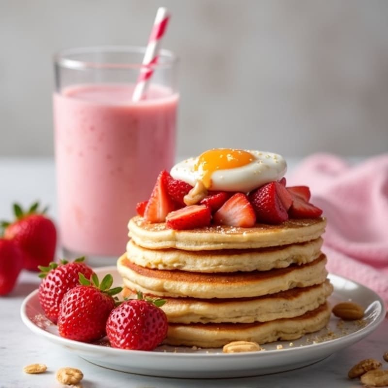 Fluffy Protein Pancakes with Fresh Strawberries and Almond Butter, Served with a Soft Cooked Egg and Strawberry Protein Shake