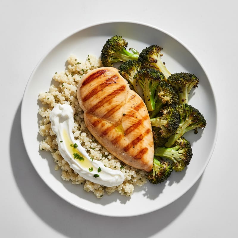 Grilled Chicken Breast with Creamy Quinoa and Roasted Broccoli