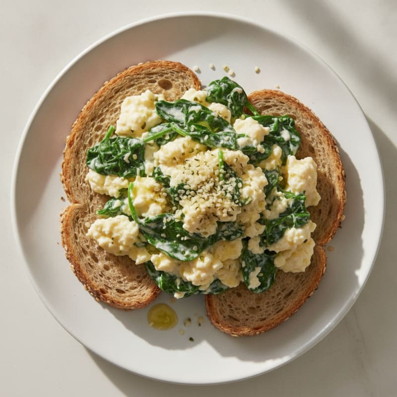 Scrambled Eggs with Cottage Cheese and Sautéed Spinach