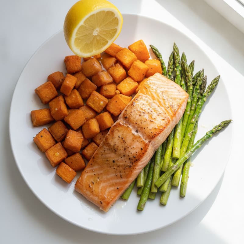 Seared Salmon with Roasted Sweet Potato and Asparagus
