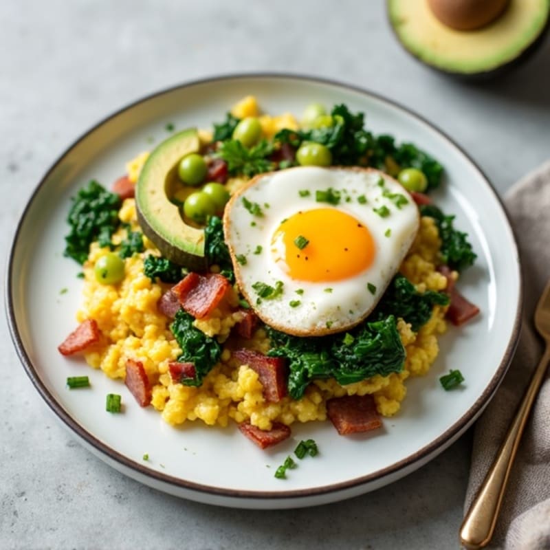 Cottage Cheese Egg Scramble with Spinach and Turkey Bacon
