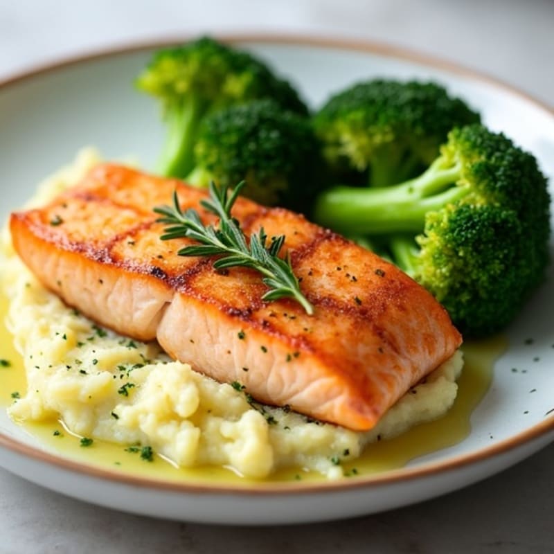 Seared Salmon with Herbed Potato Mash and Steamed Broccoli