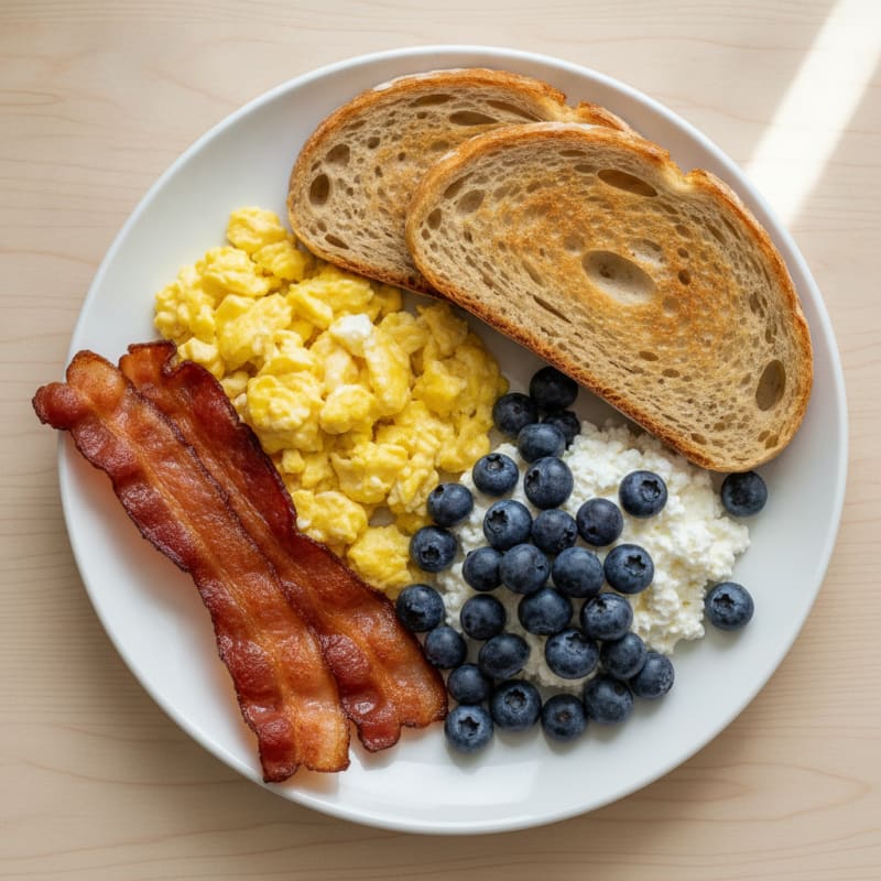 Eggs and Bacon with Sourdough Toast and Cottage Cheese