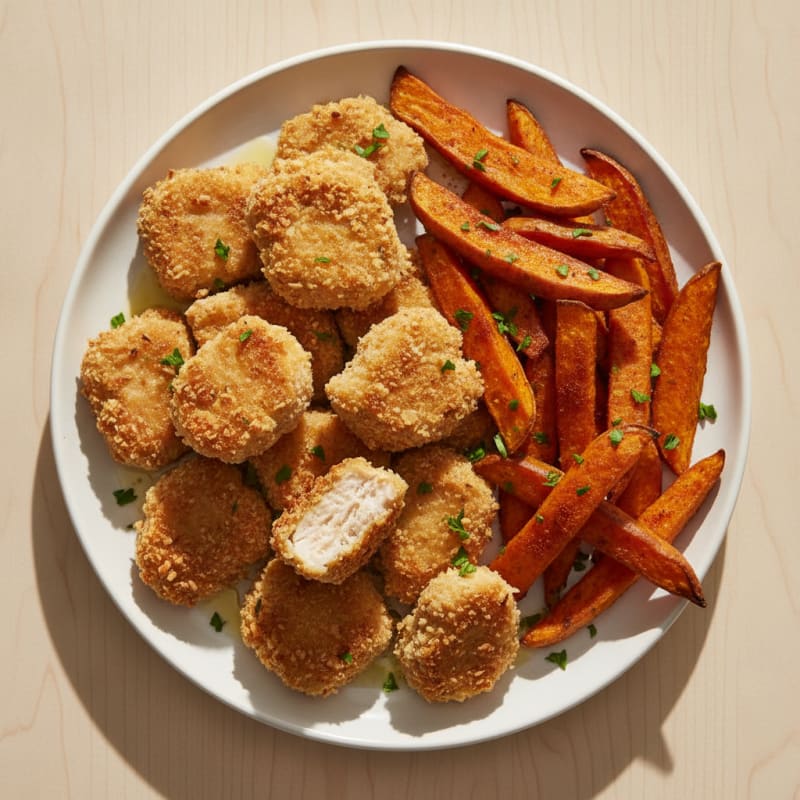 Baked Chicken Nuggets with Sweet Potato Fries