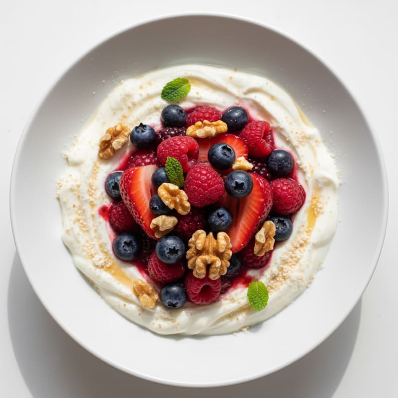 Greek Yogurt Parfait with Mixed Berries, Chopped Nuts, and Protein Powder