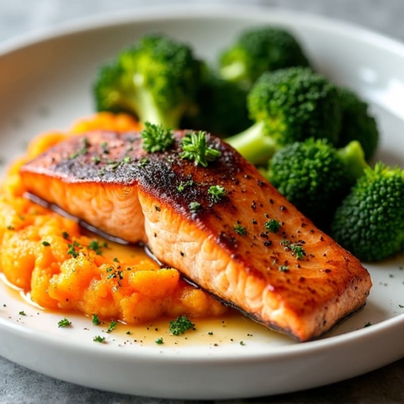 Seared Salmon Fillet with Roasted Broccoli Steak and Herb Sweet Potato Mash